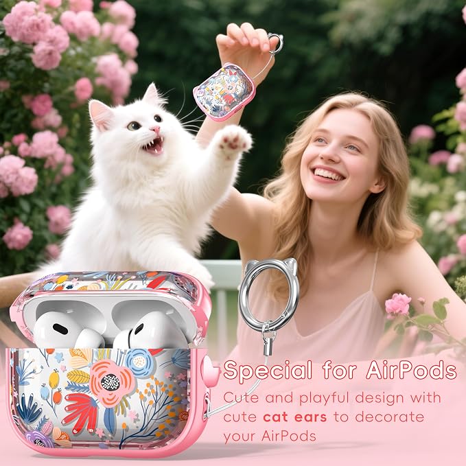for AirPods Pro 2 Case with Cleaning Kit, Cute Cat Ear Print Design & Cute Buckle for Girls, Phone Holder & Top Safe Lock Buckle Design for AirPods Pro 2nd/1st Gen case, Clear Flowers - Image 3