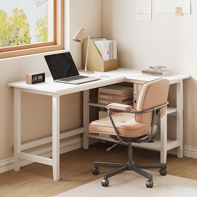 IOTXY Reversible L-Shaped Office Desk - 45" Compact Corner Computer Table with Storage Shelves, Solid Wood Legs, Writing & Study Workstation for Small Spaces, White - Image 8