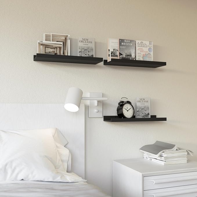 RICHER HOUSE 3-Set Floating Shelves with Lip, Black Small Wall Shelf, 16In | Display Picture Ledge Shelf, Anti-drop lip Shelf for Room Wall Decor, Bedroom Bathroom Storage Nursery Books, Easy Setup,Wood - Image 2