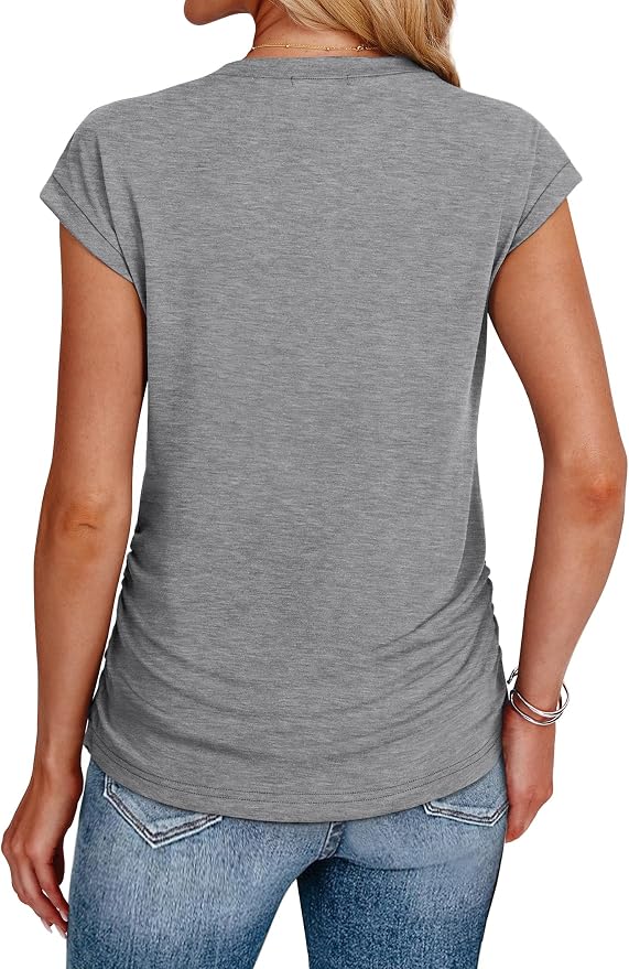 Sampeel Womens Summer Tops Trendy 2026 Ruched Cap Short Sleeve Tshirts Shirts Crew Neck T Shirts Fashion - Image 5
