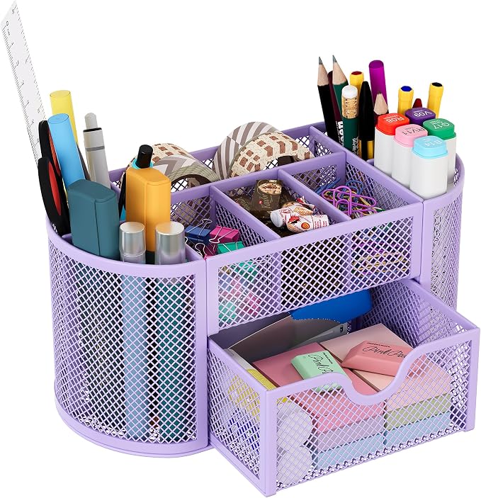 EasyPAG Mesh Pen Holder Desk Organizer with Drawer Stationery Supplies Organizer for Dorm School 9 Compartments Workspace Desk Accessories Organization for Office (Light Purple) by EasyPAG