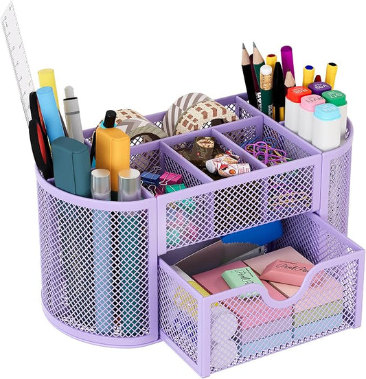 EasyPAG Mesh Pen Holder Desk Organizer with Drawer Stationery Supplies Organizer for Dorm School 9 Compartments Workspace Desk Accessories Organization for Office (Light Purple) by EasyPAG