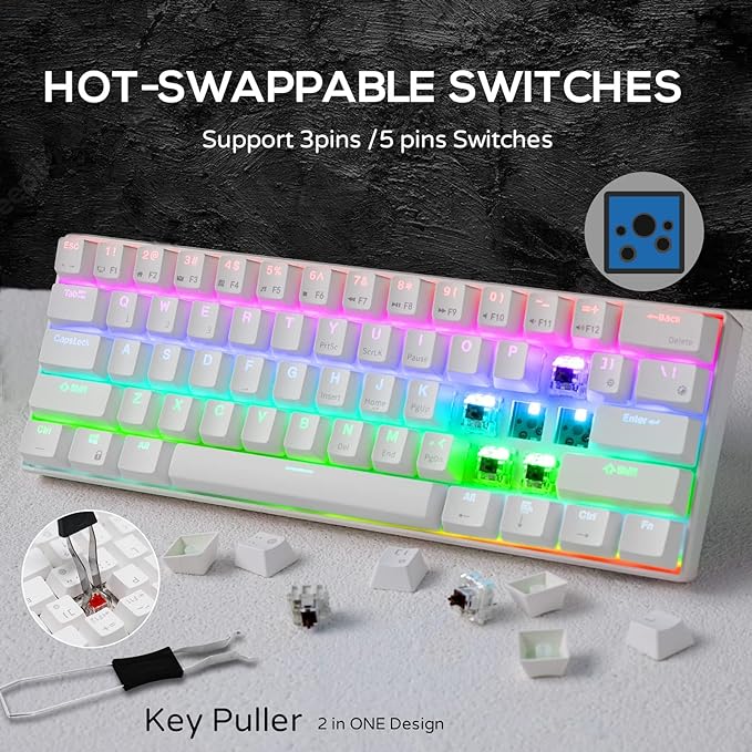 RK ROYAL KLUDGE RK61 Wireless Mechanical Keyboard, 60% Percent RGB, White | Hot Swappable Gaming Keyboard with Bluetooth/2.4G/USB, 61 Keys Ultra-Compact for Win/Mac/PC, Coiled Cable, Linear Red Switch - Image 6