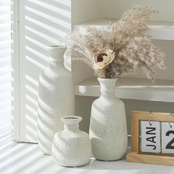 Ceramic Vase Set of 3, Neutral Rustic Vases Home Decor Farmhouse Decorative Vase Whitewashed Pottery Decor Boho Modern for Table Mantel Entryway Bookshelf Living Room Kitchen Bathroom Bedroom - White - Image 5