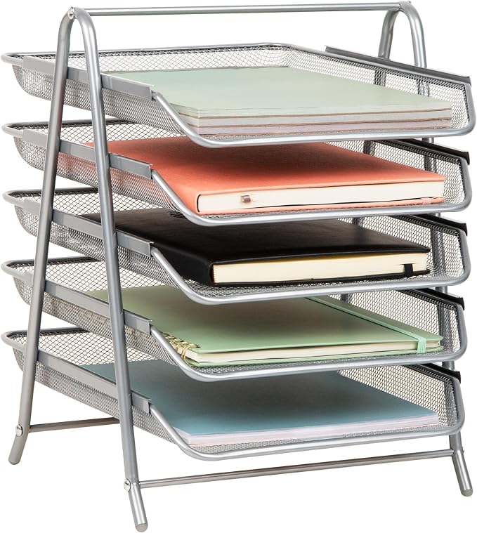 Mind Reader 5-Tier Paper Tray Organizer, Vertical Desktop File Storage Rack, Office, Metal Mesh, Silver by MindReader