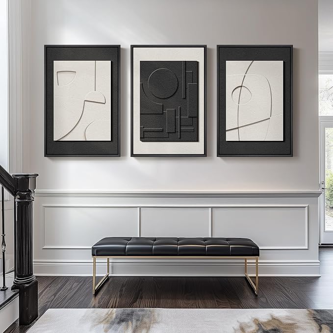 Large 3D Textured Framed Black and White Abstract Wall Art for Living Room, 3 Piece Modern Artwork for Walls, Black White Minimalist Geometric Paintings for Hallway Office Wall Decor 24x36 In - Image 4