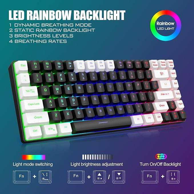 RedThunder K84 Wireless Keyboard and Mouse Combo, Rainbow Backlit Rechargeable Battery, 75% Layout TKL Ultra Compact Gaming Keyboard & Lightweight 3200 DPI Honeycomb Optical Mouse (Black-White) - Image 3