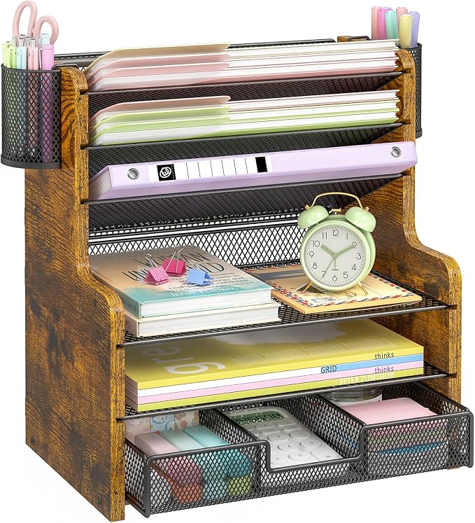 DAOUTIME 6-Tier Mesh Desk Organizer with Drawer, Wooden Office Organizer for Papers, Folders & Office Supplies - Sturdy Desktop File Holder with 2 Pen Holders - Space Saving Home Office Accessories by DAOUTIME