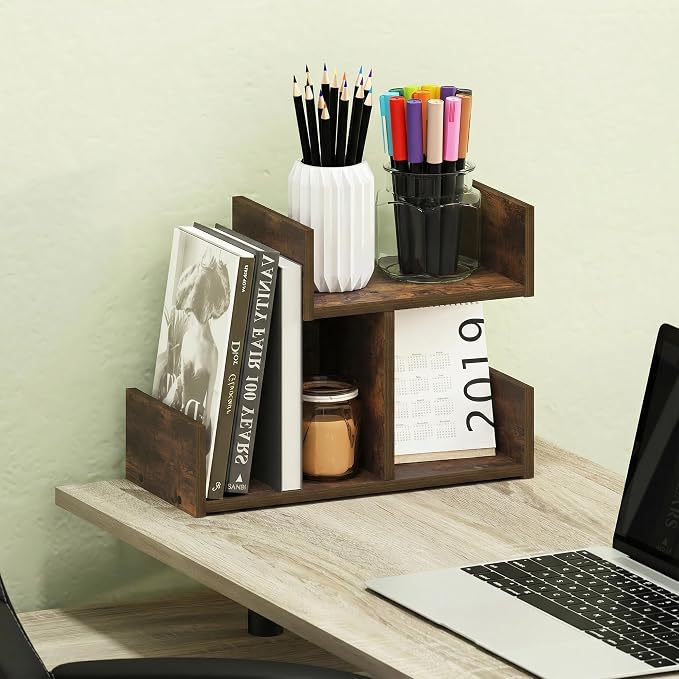 Furinno HERMITE Desk Organizers and Accessories, 2-Tier U-Shape Office Organization Shelf, Desk Top Book Shelf, for Writing Supplies, Desktop, Amber Pine - Image 2