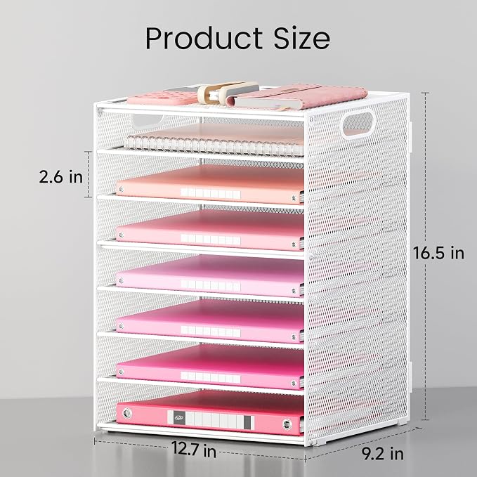 Lavatino 8-Tier Letter Tray Desk Paper Organizer, Mesh File Tray Organizer for Desk, Office Supplies & Home Organization, Fits A4 Paper, Mail, Magazines and Office Accessories (White with Handle) - Image 3