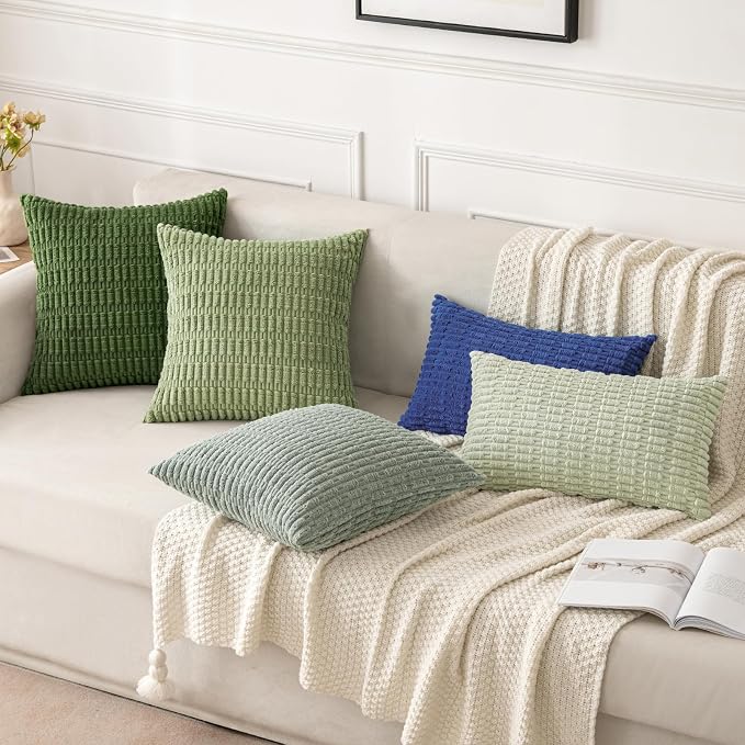 MIULEE Pack of 2 Spring Corduroy Decorative Throw Pillow Covers 20x20 Inch Soft Boho Striped Pillow Covers Modern Farmhouse Home Decor for Summer Sofa Living Room Couch Bed Moss Green - Image 4