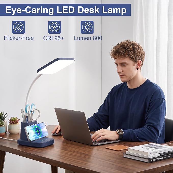 LED Desk Lamp with 10W Wireless Charging & Pen Holder, Navy Blue | CRI 95, 800LM, Stepless Dimming, 3 Modes, 360°Flexible Arm, Touch, Study Table Lamp for Home Office, Dorm Room, with Adapter - Image 6