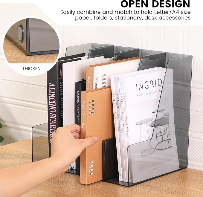 CiWiVOKi Vertical File Holder, PET Desk Organizer and Storage Bins Holding for Magazines, Binders, Notebooks, Envelopes, Papers, Multi-purpose Plastic Document Organizer for Home Office, Black, 4 Pack - Image 4