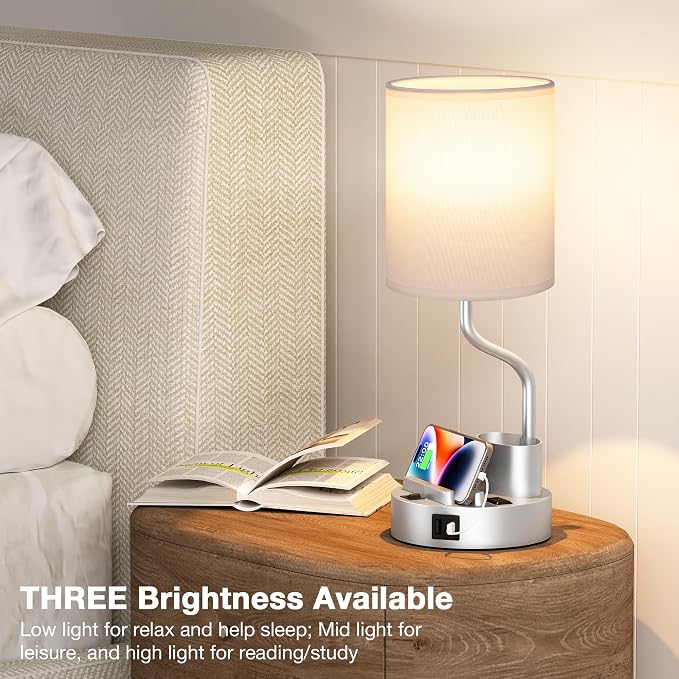 Fenmzee Bedside Lamps for Bedroom Set of 2 - Table Desk Lamp for Nightstand | 15" Table Lamp for Living Room with Pen Holder & Phone Stand, USB A+C Port, AC Outlet, 3 Color Temperature, LED Bulb Included - Image 4