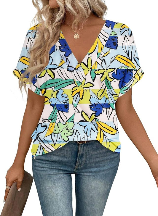 T Shirts Short Sleeve V Neck Tees Womens Tops Beach Vacation Fashion Clothes 2026 Casual Summer Spring Fall Outfits by EyMuseWomensTops