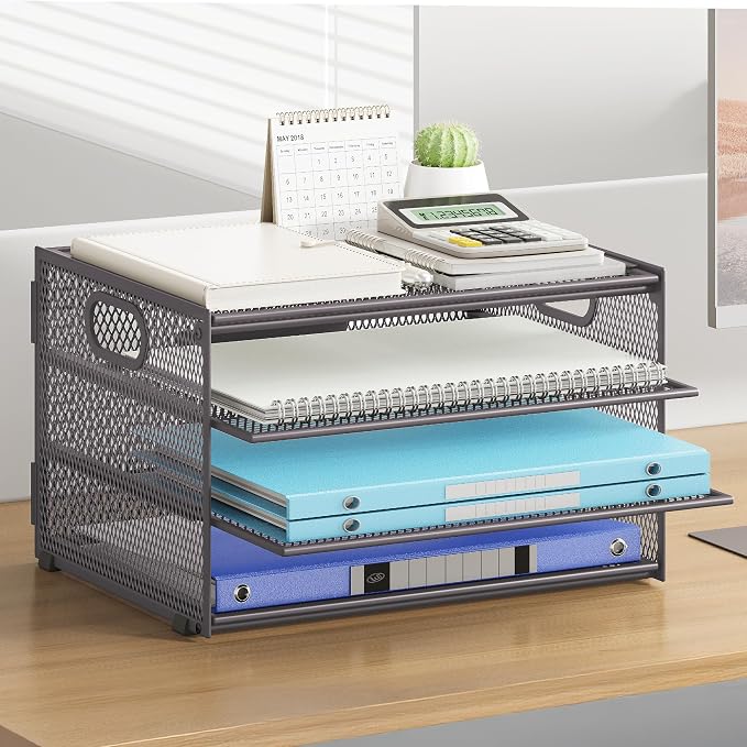 Subekyu Paper Letter Tray Organizer for Desk, Gray Metal Mesh Desk File Sorter Organizer with Handle and 2 Sliding Trays for Home Office School Supplies Organization - Image 2
