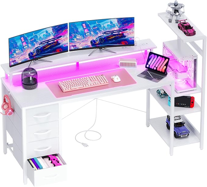59 Inch Gaming Desk with Drawers & PC Tower Stand & LED Lights, White | Reversible, Monitor Shelf, Power Outlets, Carbon Fiber, Mesa Gamer, Computer Desk with Storage, Gaming Table for Home Office - Image 9