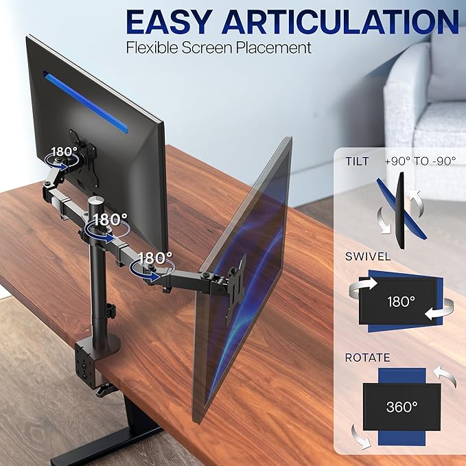 VIVO Dual Monitor Desk Mount, Heavy Duty Fully Adjustable Steel Stand, Holds 2 Computer Screens up to 24 inches and Max 22lbs Each, Black, STAND-V024 - Image 3
