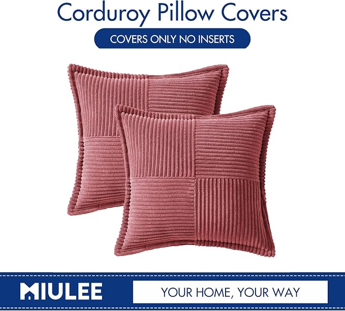 MIULEE Decorative Throw Pillow Covers for Couch Bed Livingroom 16x16 Inch Set of 2 Cranberry Red Boho Accent Throw Pllows Broadside Striped Patchwork Soft Corduroy Pillowcases - Image 6