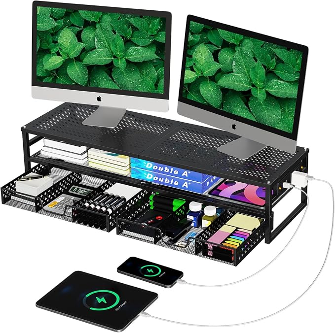 Simple Trending 2-Tier Metal Dual Monitor Stand with USB & 2 Drawers, Black | 32"W x 10"D x 7"H. USB 2.0 + charging port. 2 drawers. Mesh cooling vents. Holds 100 lbs. Non-slip base. Cable ties included. by SimpleTrending