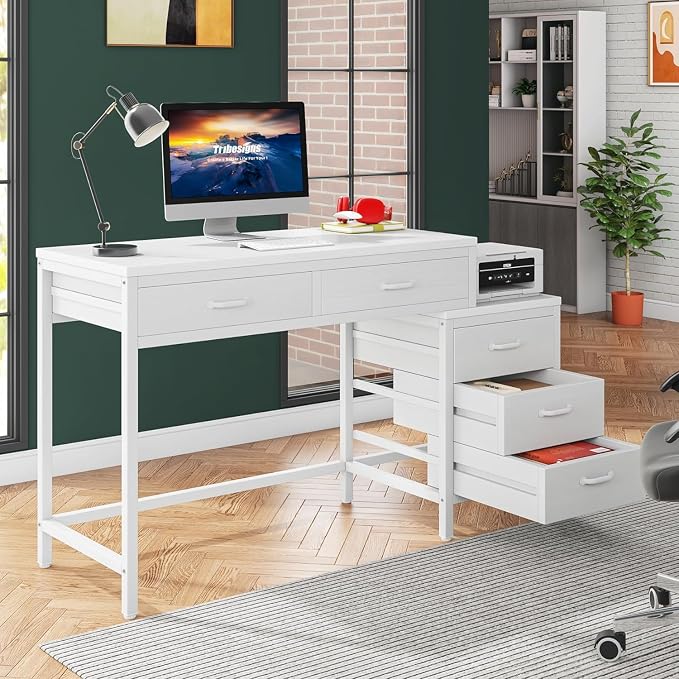 Tribesigns Computer Desk with 5 Drawers, Reversible Home Office Desks | Small Desk with Drawer Cabinet Printer Stand, PC Desk with Storage, White Study Writing Table Workstation for Small Spaces - Image 3