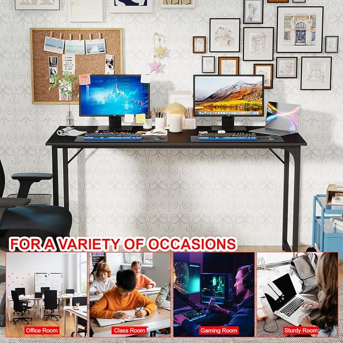 PayLessHere | 55 Inch Computer Desk | Black | Office Desk with Metal Frame, Adjustable Feet | Water-Resistant, Scratchproof Surface | Sturdy Writing Table for Home Office or Study | Pack of 1 - Image 5