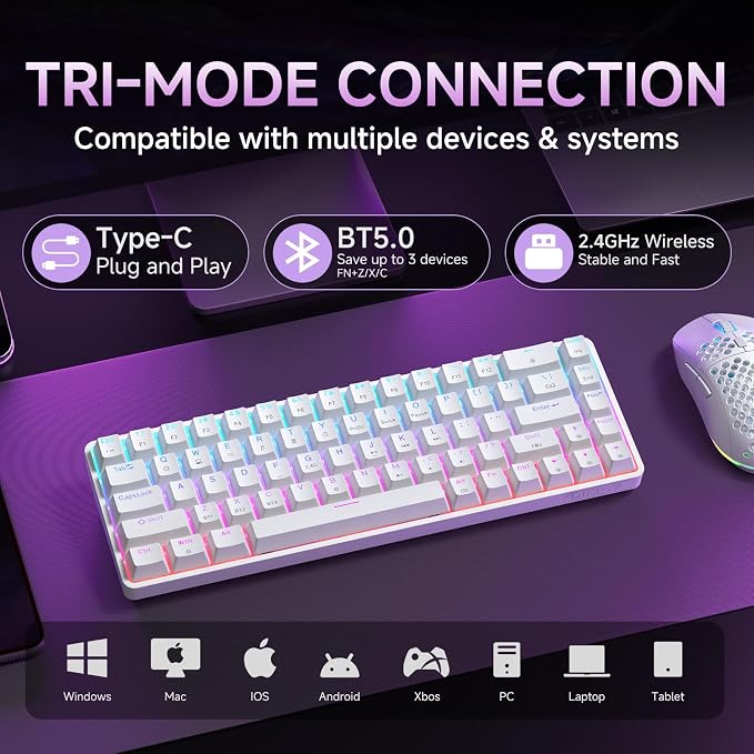 DIERYA DK68 60% Wireless Mechanical Gaming Keyboard, 3-Mode, Bluetooth 5.0/2.4G/USB-C, RGB Backlit, 68-Key Compact Mini for Windows, Mac, Linux - Linear Red Switch - White - Image 2