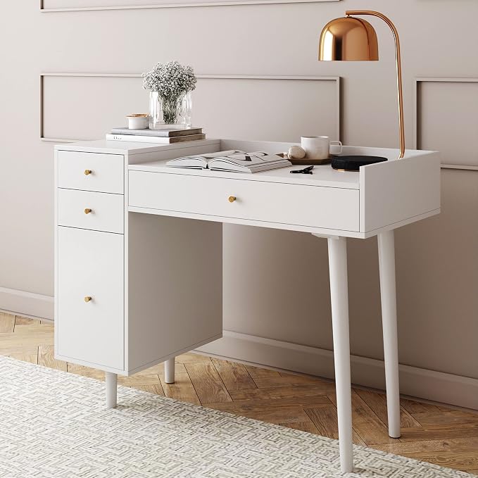 Nathan James Daisy Vanity Dressing Table or Makeup Desk with 4-Drawers and Brass Accent Knobs, White Wood by Unknown