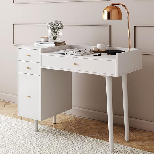 Nathan James Daisy Vanity Dressing Table or Makeup Desk with 4-Drawers and Brass Accent Knobs, White Wood by Unknown