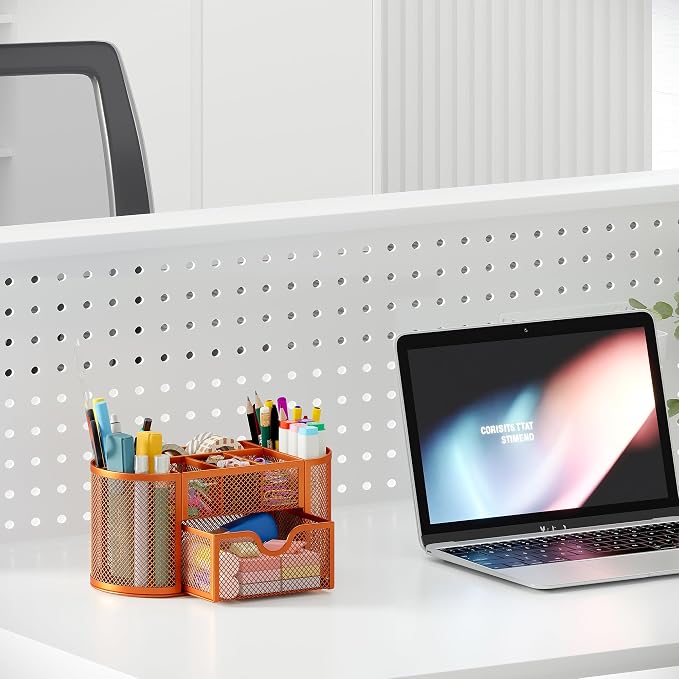 EasyPAG Mesh Pen Holder Desk Organizer with Drawer Stationery Supplies Organizer for Dorm School 9 Compartments Workspace Desk Accessories Organization for Office, Orange - Image 6