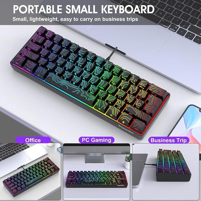 Snpurdiri 60% Wired Gaming Keyboard 61 Keys RGB (Contour Line-Black) | Backlit Small Gaming Keyboard Ultra-Compact for PC/Mac Gamer, Typist, Travel, Easy to Carry on Business Trip - Image 9