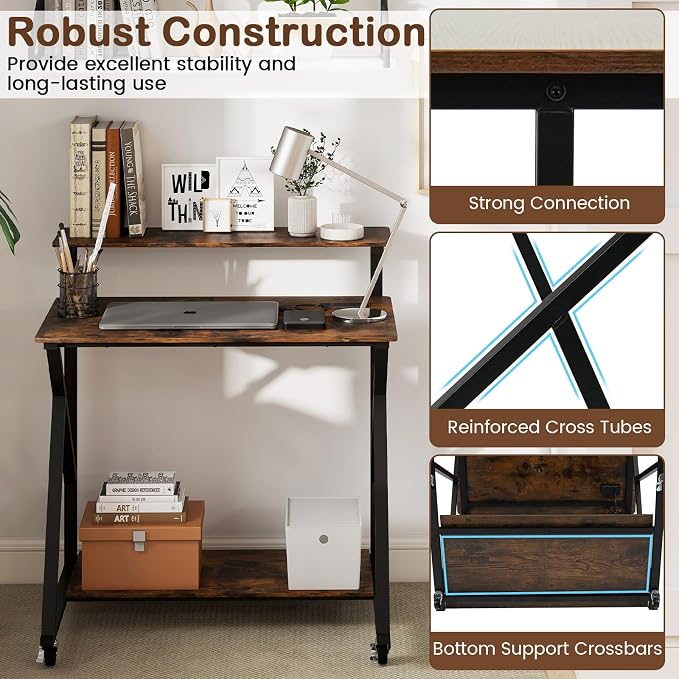 Giantex Rolling Small Desk with Storage, Compact Computer Desk for Small Spaces with Charging Station, Monitor Stand, Lockable Wheels, Study Writing Desk for Home Office, Bedroom (Rustic Brown) - Image 7