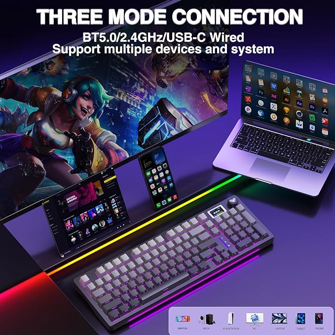AULA S98 Pro Wireless Mechanical Keyboard with Screen & Knob,2.4GHz/USB-C/BT5.0 Hot Swappable Creamy Keyboard,Pre-lubed Linear Switches,Side Printed PBT Keycaps,RGB Backlit Gaming Keyboards - Image 4