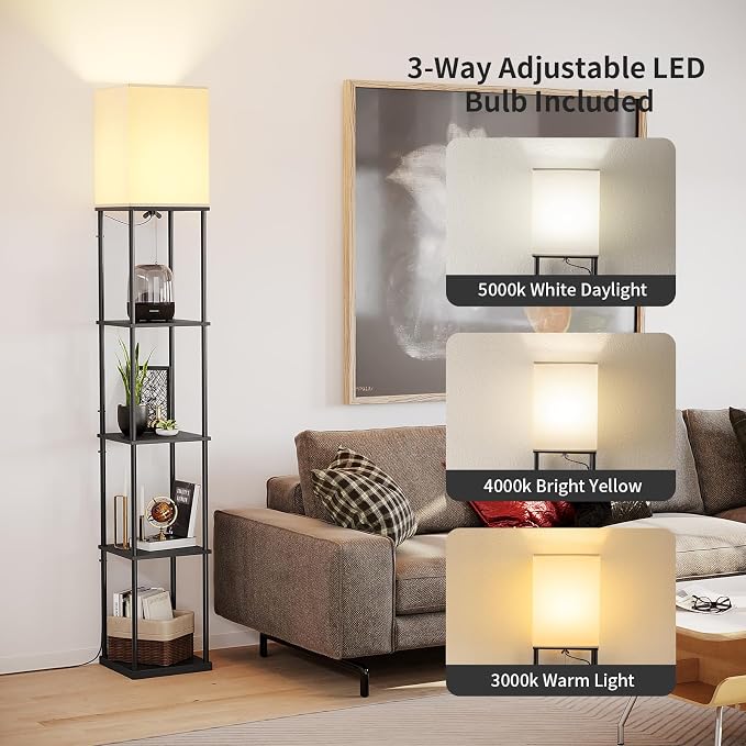 SUNMORY 5 Tier Floor Lamp with Shelves, Modern Square Standing Lamp with 3 Color Temperature Bulb, Corner Display Bookshelf Lamp for Living Room and Bedroom, Tall Shelf Floor Lamp - Image 2