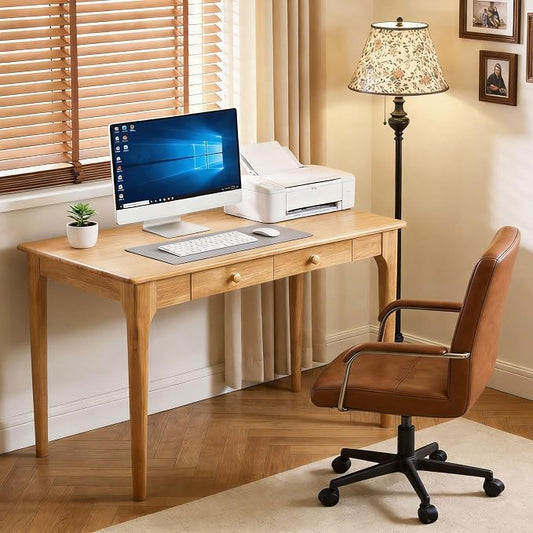 47" Solid Wood Desk with Drawers,Mid Century Modern Natural Real Wood Writing Desk,Home Bedroom Computer Office Workstation Desks,Small Spaces,Wood Color by KTVVKTVV