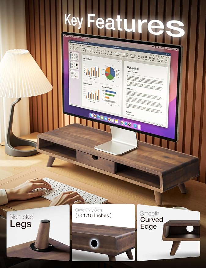 TINAMO Acacia Wood Monitor Stand with Drawer - Wooden Monitor Riser for Desk - Computer Monitor Stand for Desk - Multi-Purpose Desktop Storage Stand for Computer; Laptop; Printer; TV - 24.4 " x 8" x 5" (Walnut color) (Patented) - Image 3