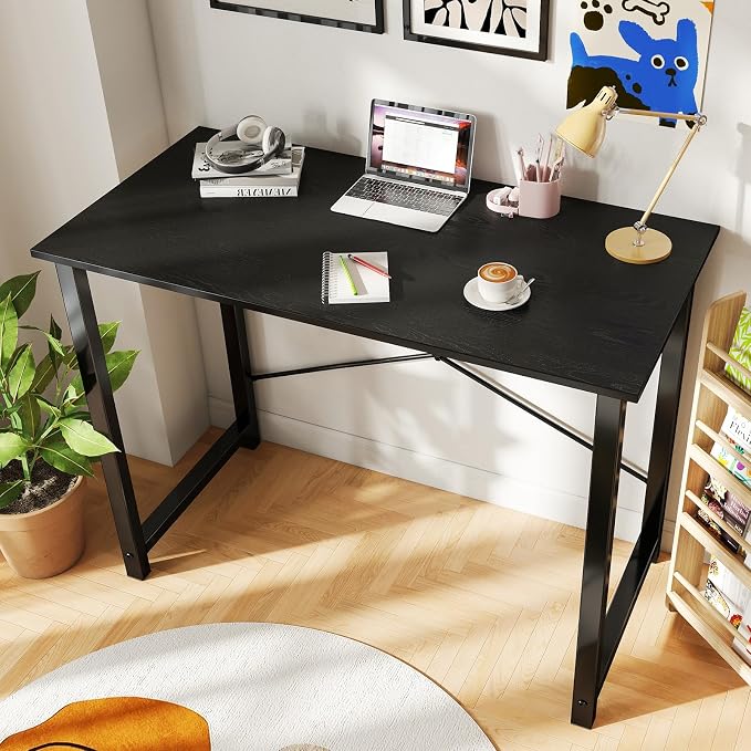 DUMOS 40 Inch Office Small Computer Desk Modern Simple Style Writing Study Work Table for Home Bedroom - Wood Black | Modern Study Writing Work Table, Craft PC Desk Simple Workstation with Reinforcement Structure, Black - Image 2