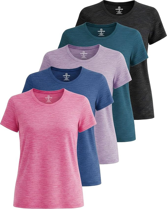 5 Pack Women's Dry Fit Short Sleeve Athletic Gym Workout Running Tops | Available in Plus Size, Exercise, Sports, Fitness, Quick Dry, Cooling, Moisture Wicking, Loose Basic Tees, Yoga, Pilates by RealEssentials