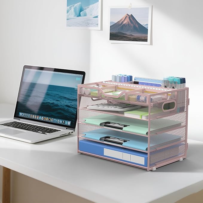 Docnest 5 Tier Mesh Desk Organizer with Removable Tray&Pen Holder, Pink | Features 3 detachable pen holders and 4 removable dividers.Versatile mesh desktop storage for mail, document,office supplie - Image 6