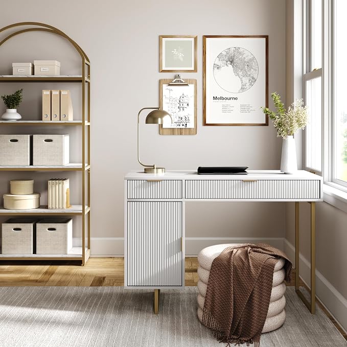 Nathan James Jacklyn White Modern Computer Desk, Workstation or Writing Desk for Small Spaces with Drawers and Cabinet Storage, White/Pale Gold - Image 3