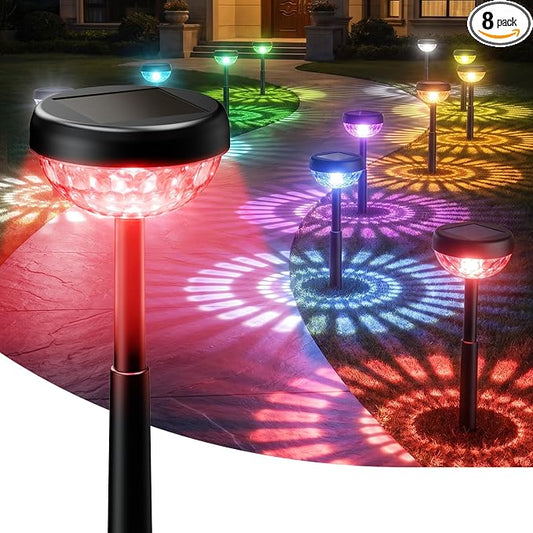 Ensenior 8 Pack Color Changing Solar Lights Outdoor for Pathway Decor | Color changing solar lights outdoor, 3000K warm white, 7-color RGB, IP65 waterproof ABS, sunburst pattern, yard, lawn, garden by Ensenior