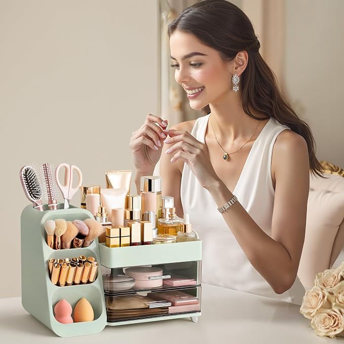 HBlife Makeup Organizer with Brush Holder for Vanity, Large Plastic Bathroom Countertop Organizer Skin Care Storage, Easy to Store Lipsticks, Nail Polishes, Perfumes, Eyeshadow Palettes, Green - Image 6