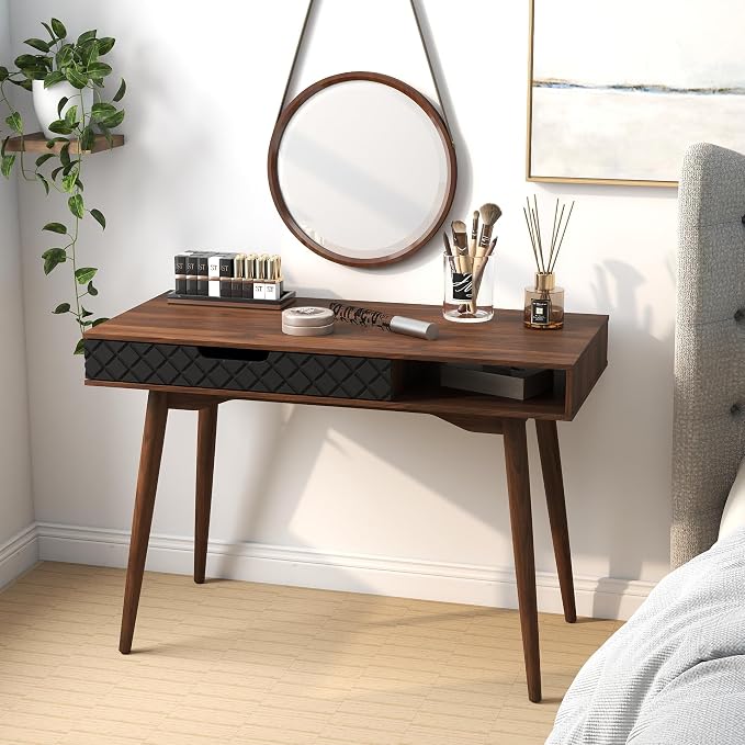 Tangkula Mid Century Modern Desk, Home Office Standing Desk w/Drawer & Open Compartment, Small Computer Desk Work Study Table, Vintage Writing Desk Wooden Workbench for Bedroom/Living Room - Image 5