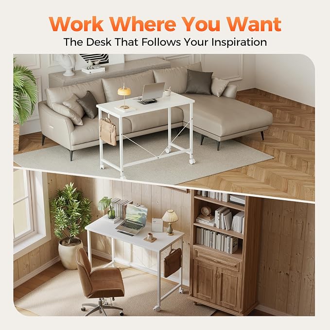 Mericonia 39x20 Inch Computer Desk with Wheels, Small Simple Rolling Desk | Writing Table for Home Office Bedroom Work Study, White - Image 3