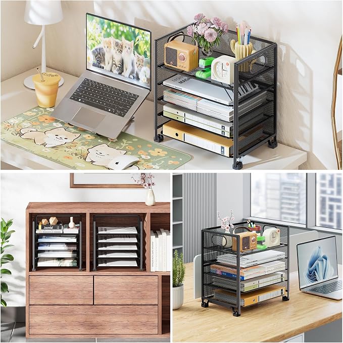 Simple Trending 5-Tier Paper Tray Organizer, File Organizer for Desk, Black | Letter Tray Holder with Handle. Sturdy Metal Frame. Non-slip Feet. Black for Office Home School. 13.25"L x 9.25"W x 13"H - Image 7