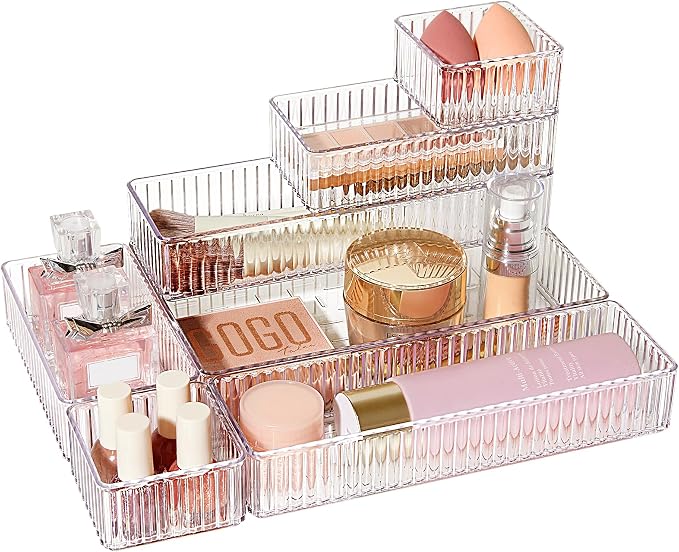 Vtopmart 7 PCS Clear Makeup Drawer Organizers Bins, 4-Size Stackable Makeup and Vanity Organizer Trays, Acrylic Bathroom Storage Containers for Cosmetic, Toiletries, Office Supply, Utensils, Gadgets by Vtopmart