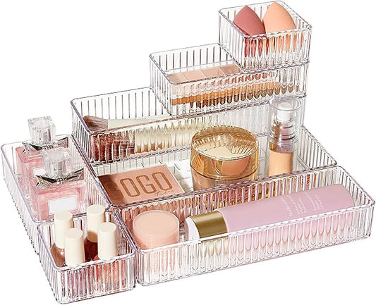 Vtopmart 7 PCS Clear Makeup Drawer Organizers Bins, 4-Size Stackable Makeup and Vanity Organizer Trays, Acrylic Bathroom Storage Containers for Cosmetic, Toiletries, Office Supply, Utensils, Gadgets by Vtopmart