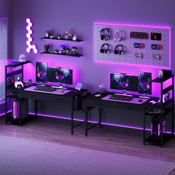 48 Inch Small Gaming Desk with Drawers & Led Lights & Storage Bag, Black | Reversible Storage Shelf, Power Outlets, Wood Grain Gaming Table, Compact Computer Desk for Small Space, Bedroom, Home Office - Image 9