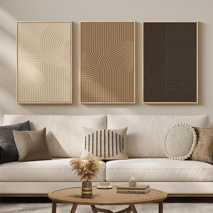 3D Textured Framed Boho Neutral Abstract Wall Art, 3 Piece Modern Minimalist Paintings Artwork for Walls, Brown Beige Tan Geometric Pictures for Living Room Dining Bedroom Office Wall Decor 16x24 In - Image 2
