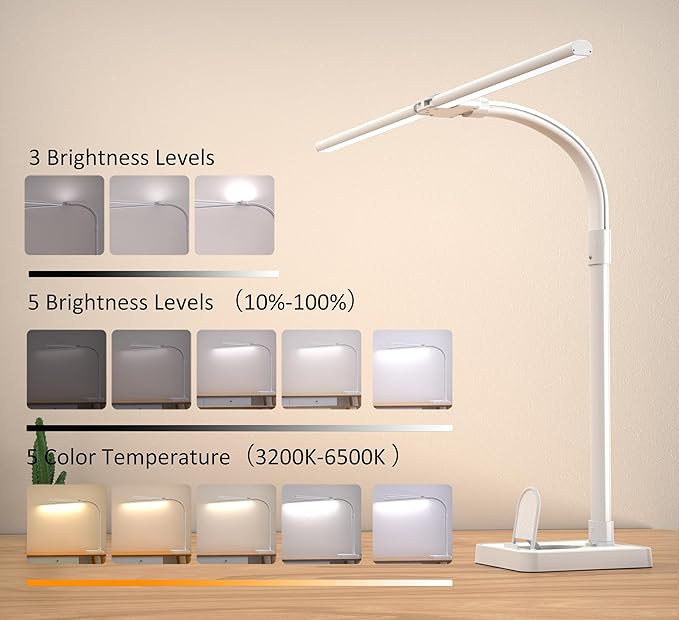 Double Head LED Desk Lamp, Architect Desk Lamps for Home Office, 24W Brightest Workbench Office Lighting-5 Color Modes and 5 Dimmable Eye Protection Modern Desk Lamp (White-Desktop, Big) - Image 2